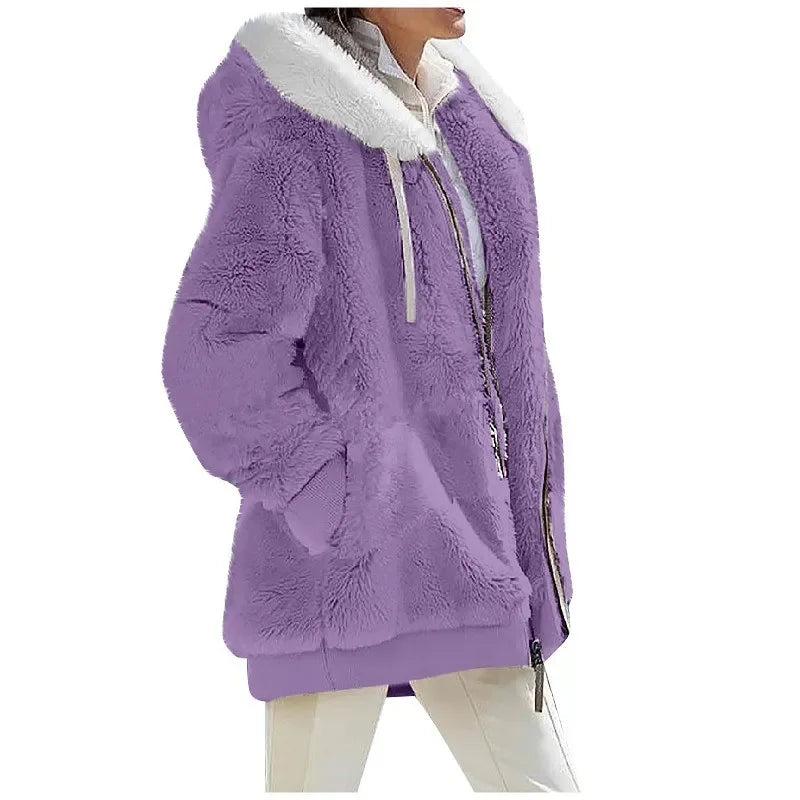 Women's Casual Hooded Winter Coat – Long Sleeve Fleece-Lined Zip-Up Jacket