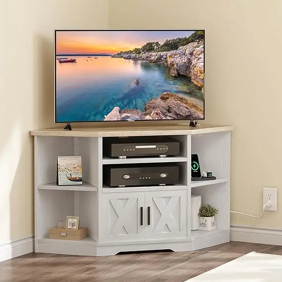Corner TV Stand for TVs up to 55/50 Inch with Power Outlet, Modern Farmhouse Entertainment Center, Wood TV Media Console with S