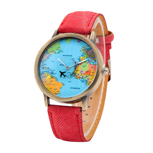 Women’s World Map Quartz Watch . Casual Leather Strap Fashion Timepiece