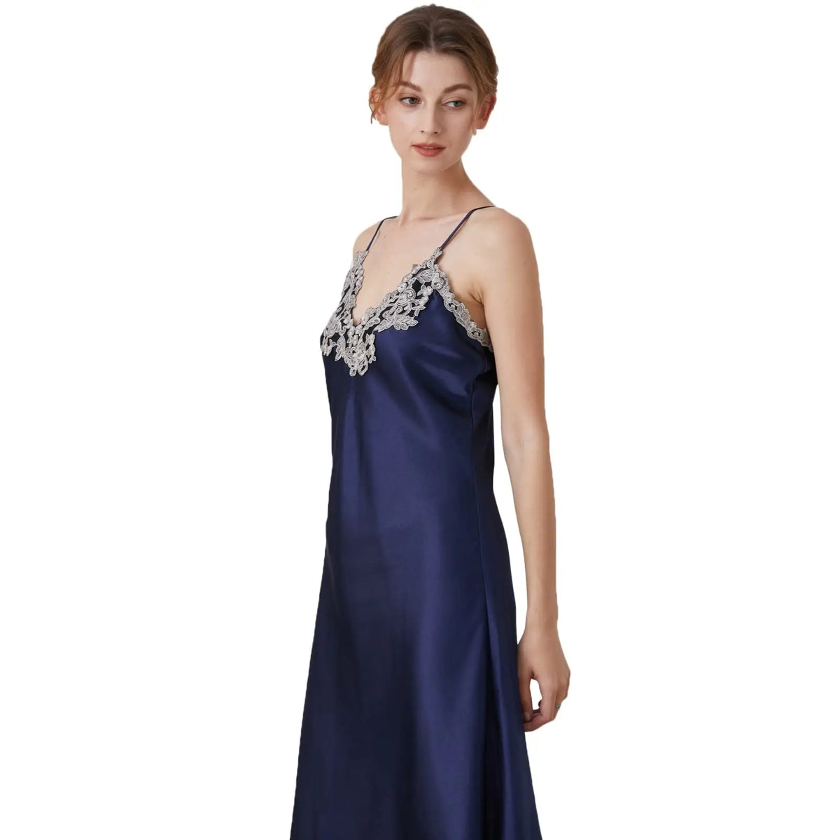 Women's Long Satin Nightgown.  Lace Trim Sleeveless Maxi Sleepwear