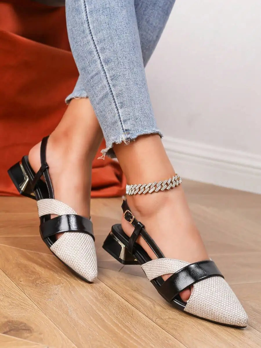 2025 Autumn Women's Pointed Toe Metal Heeled Stylish Slip-On Mule Shoes Backless Loafer Slip-On Flats