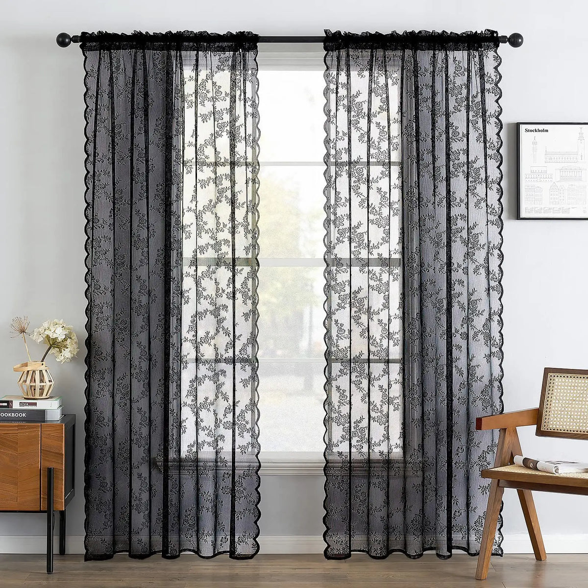 2-Piece Elegant Sheer Curtains | Wave Lace Trim Window Panels