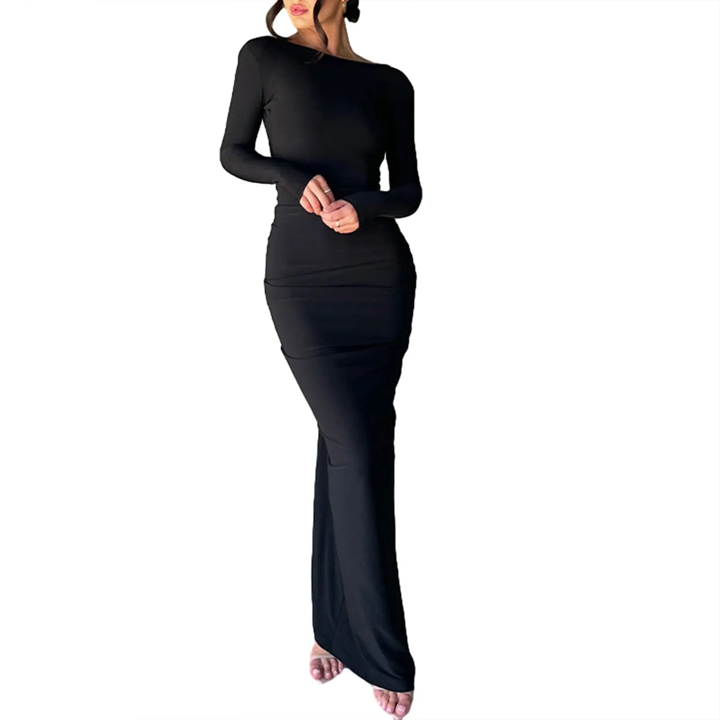 Women Long Bodycon Dress Solid Color Deep V-Neck Ruched Long Sleeve Dress Spring Fall Evening Party Dress