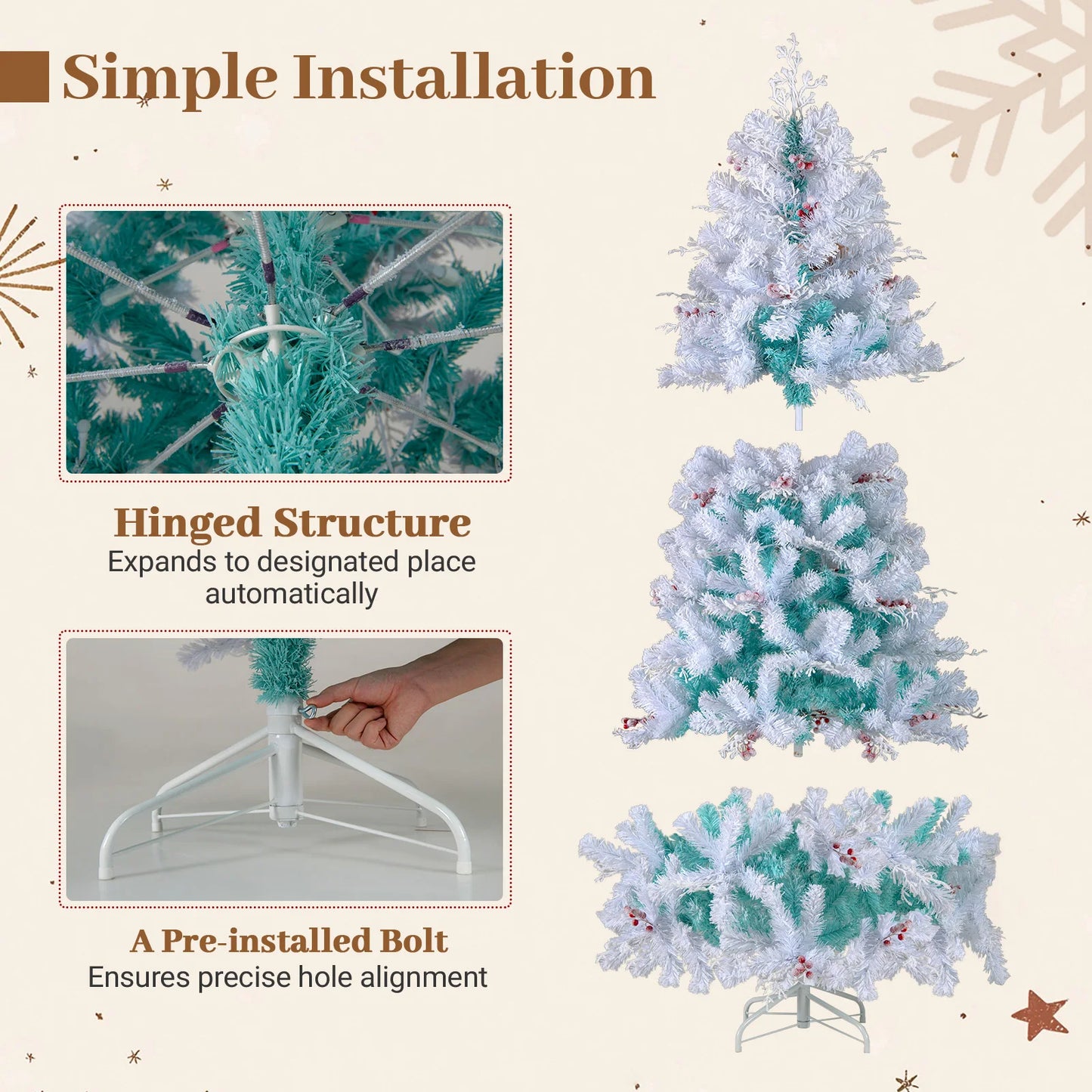 6FT–7FT Pre-Lit Snow Flocked Artificial Christmas Tree . Premium Holiday Tree with Warm White Lights  Description: