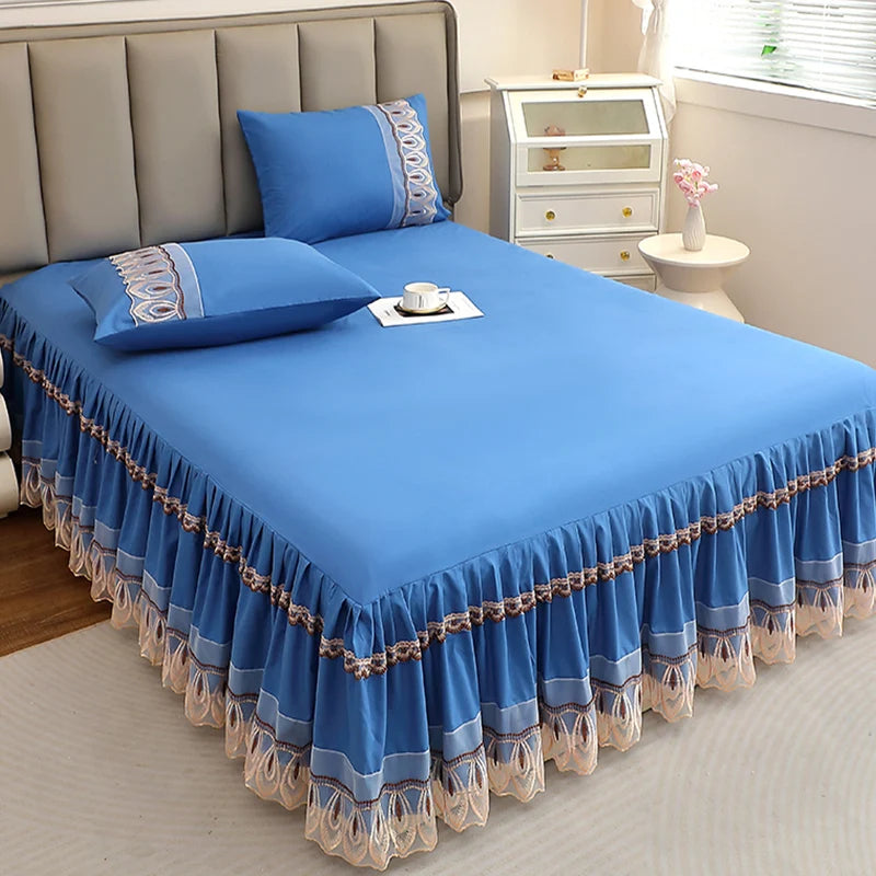 Elegant Solid Color Lace Bed Skirt Set