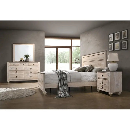 Contemporary White Wash Finish 4-Piece King Bedroom Set - Bed, Dresser, Mirror, Nightstand