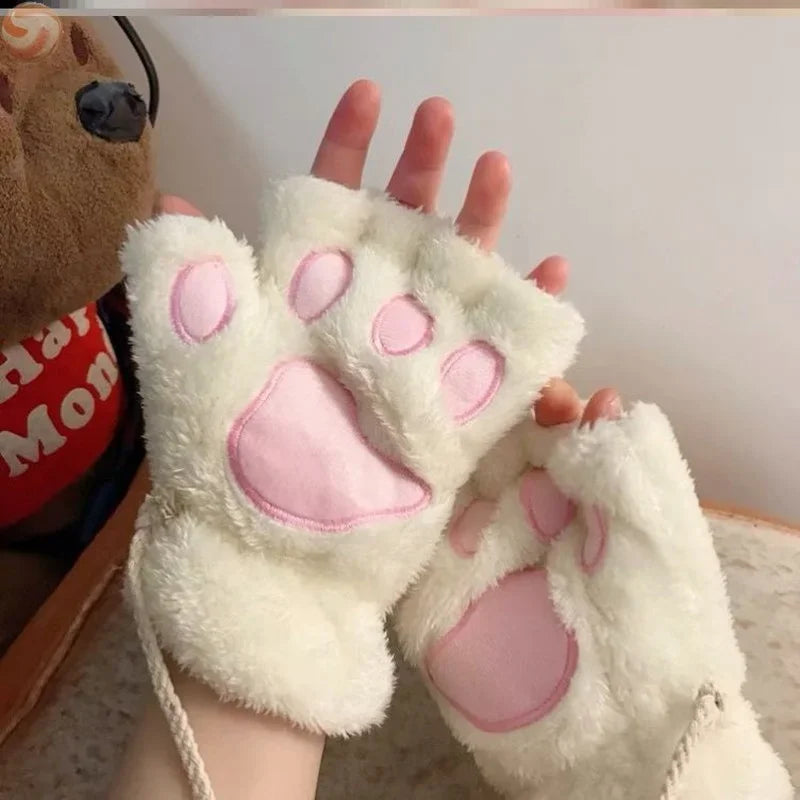 Lovely Plush Cat Claw Paw Gloves Short Fingerless Mittens