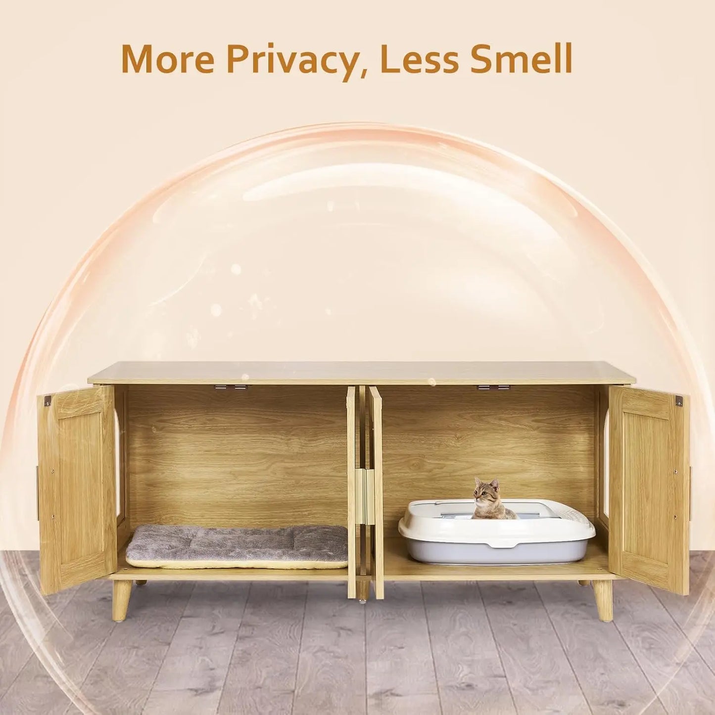 Homhedy Boho Cat Litter Box Enclosure for 2 Cats Litter Box Furniture Hidden with Double Rattan Decorated Doors,Wooden Cat