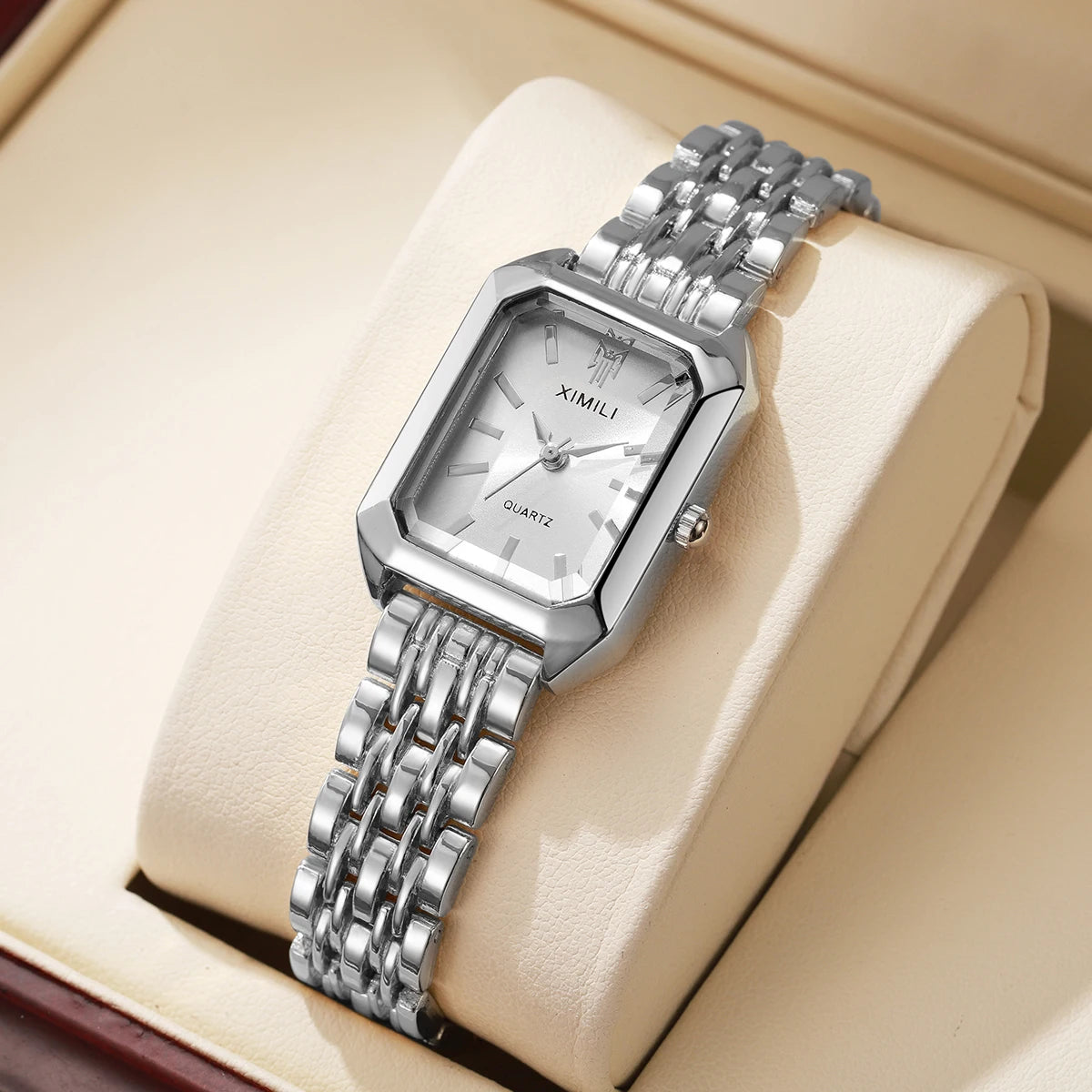 Elegant Women’s Rectangular Quartz Watch. Stainless Steel Bracelet Fashion Timepiece