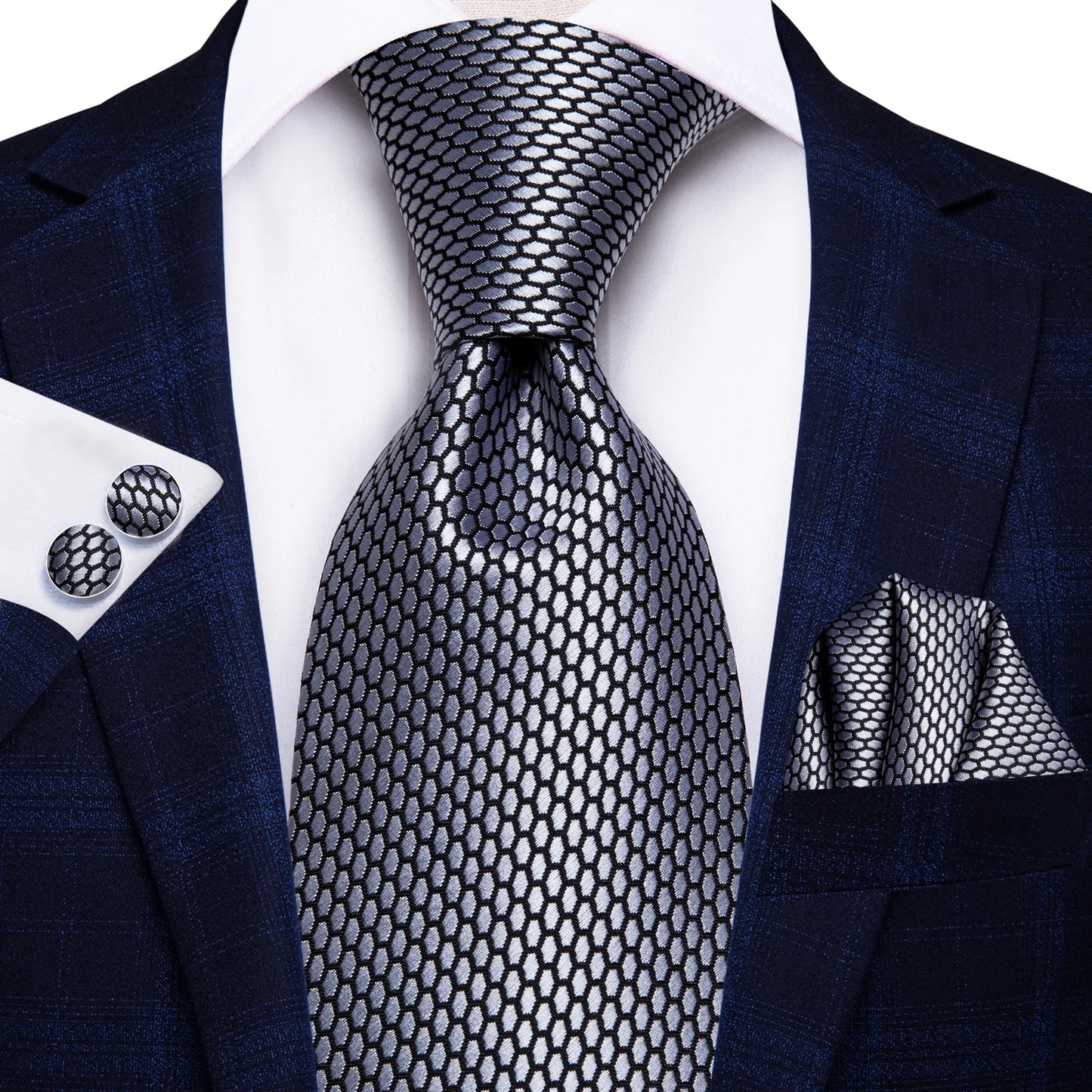 Hi-Tie Luxury Silver Men’s Necktie Set with Pocket Square & Cufflinks | Wedding, Business & Formal Events