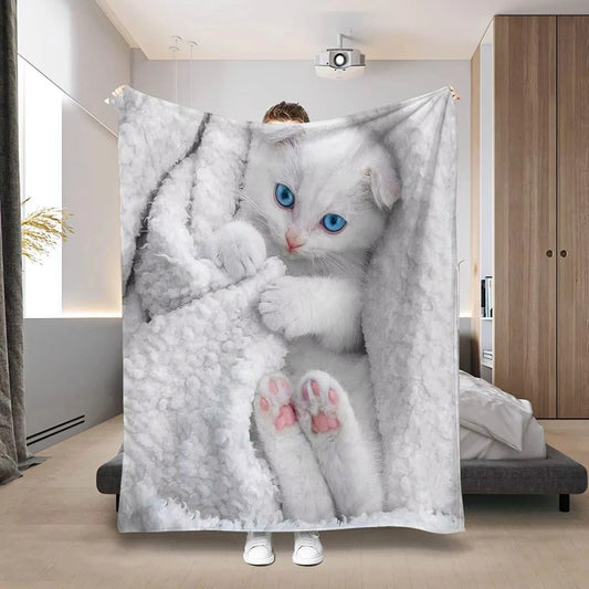 Cute Cat Print Flannel Throw Blanket. Soft Cozy Cat Lover Blanket