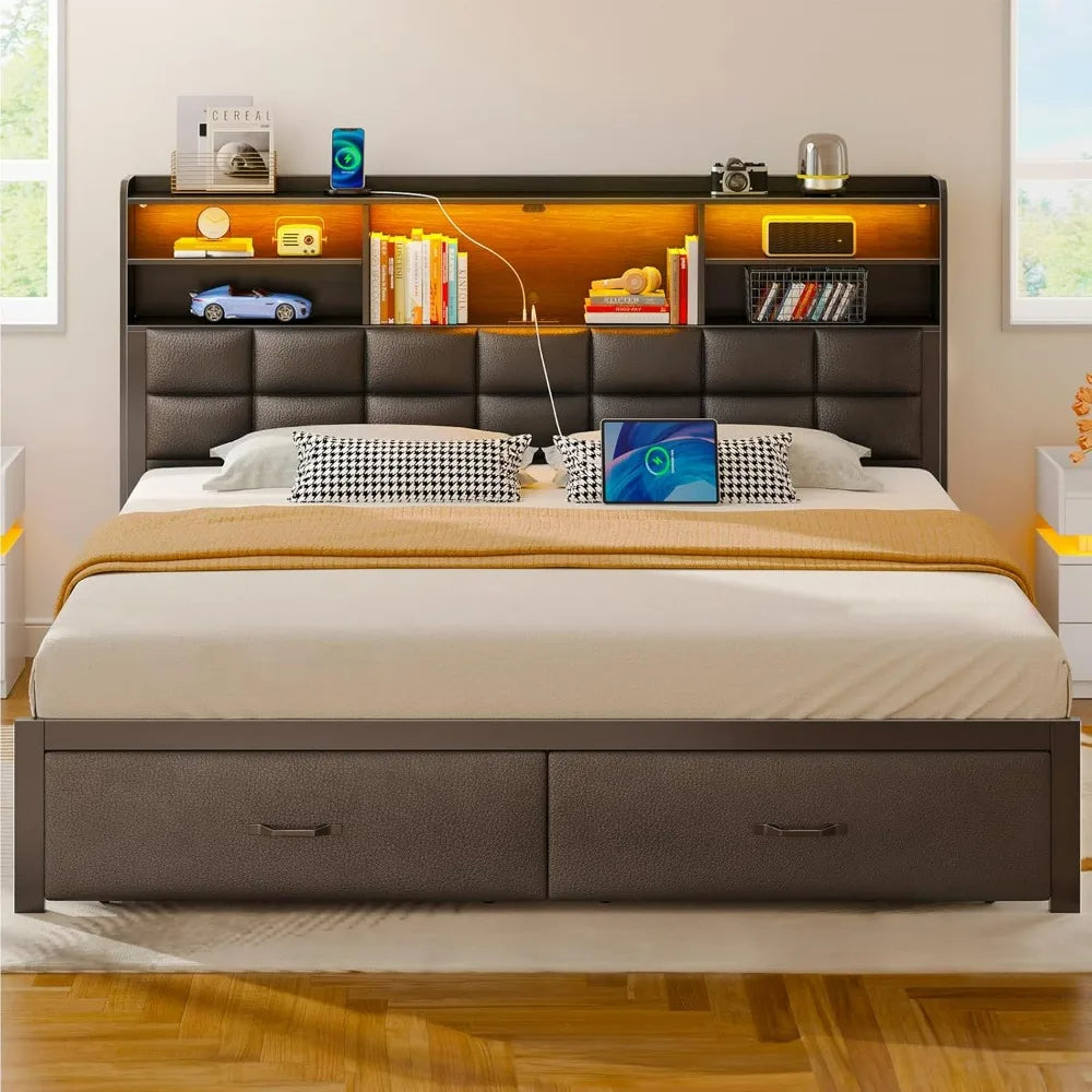 "king size upholstered bed frame with storage drawers, charging station, and led-illuminated headboard"