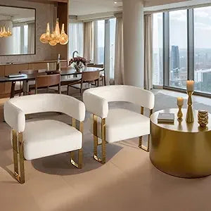 Modern Boucle Accent Chairs Set of 2, White Upholstered Barrel Armchair Living Room Chair with Gold Metal Legs Comfy Corner Sofa