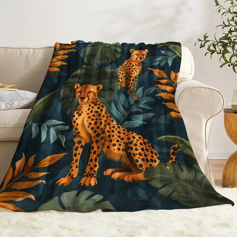 Cozy Leopard and Tropical Forest Pattern Flannel Blanket - Lightweight and Warm for Sofa, Travel, Bed - Halloween Christmas