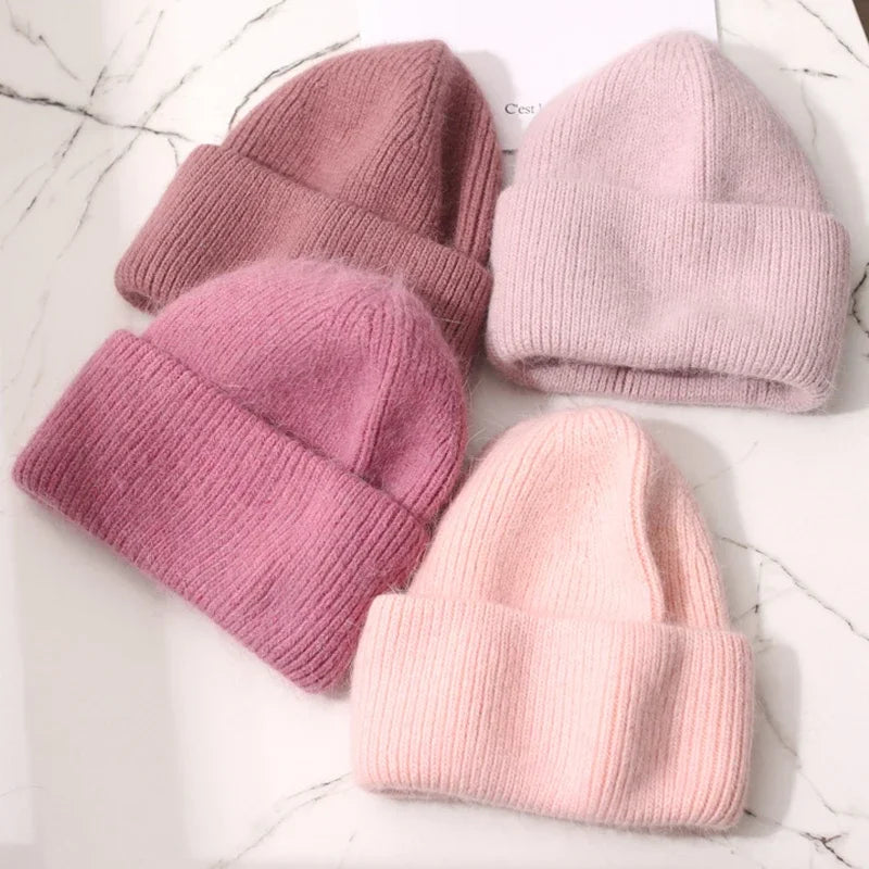 Warm Cashmere Wool Beanie For Women Rabbit Fur Threefold Cap