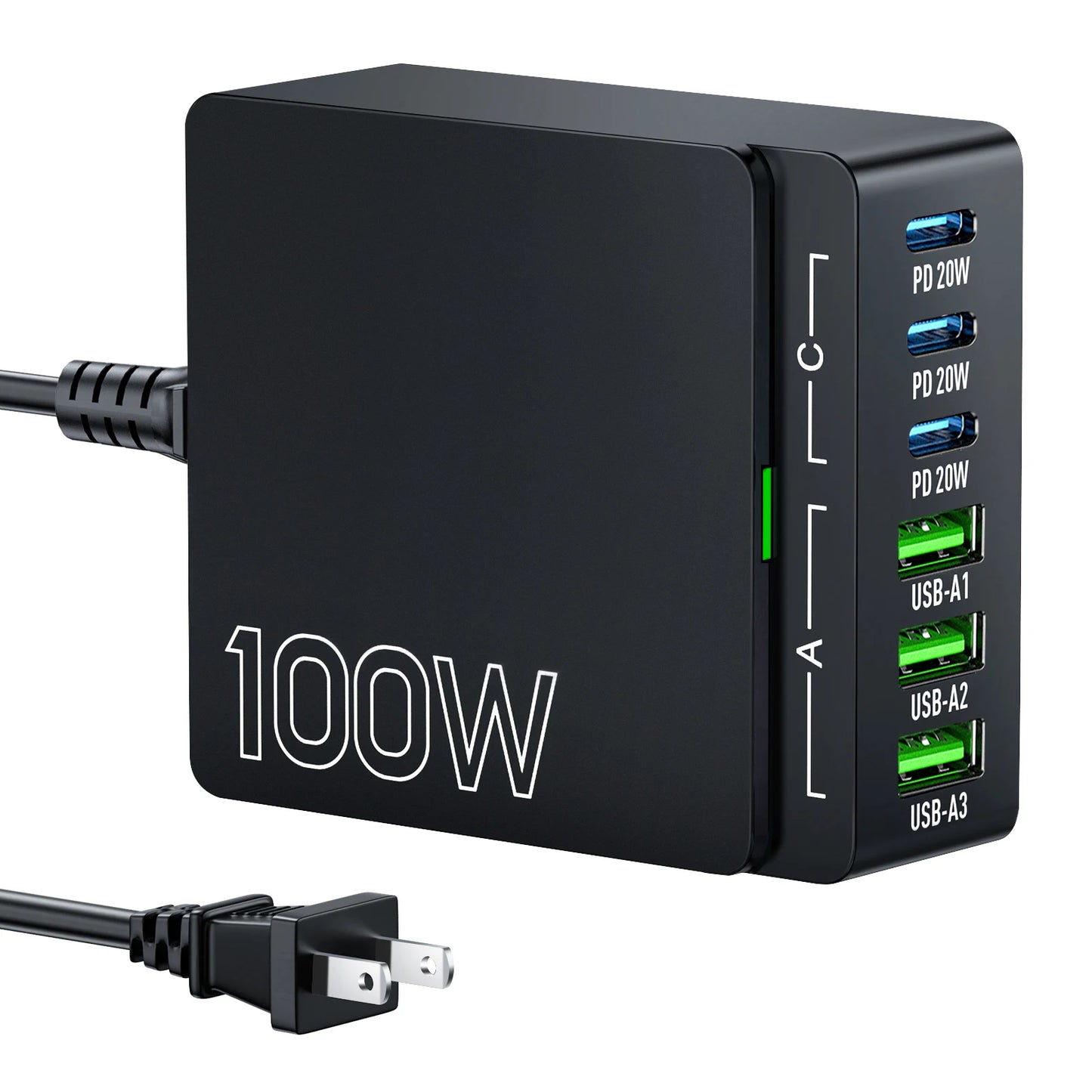 100W GaN 6-Port Fast Charging Station.USB-C & USB-A PD 3.0 Quick Charge Desktop Charger for iPhone, Samsung, iPad, MacBook & More