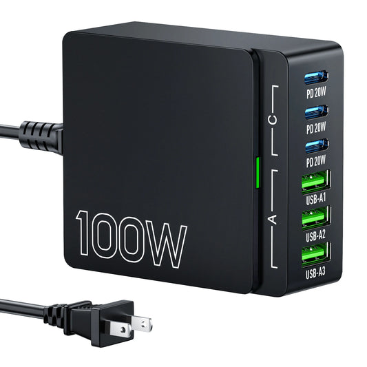 100W GaN 6-Port Fast Charging Station.USB-C & USB-A PD 3.0 Quick Charge Desktop Charger for iPhone, Samsung, iPad, MacBook & More