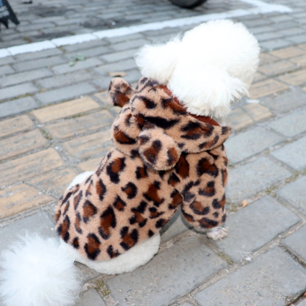 Luxury Leopard Print Fleece Dog Hoodie .Warm Winter Pet Jacket