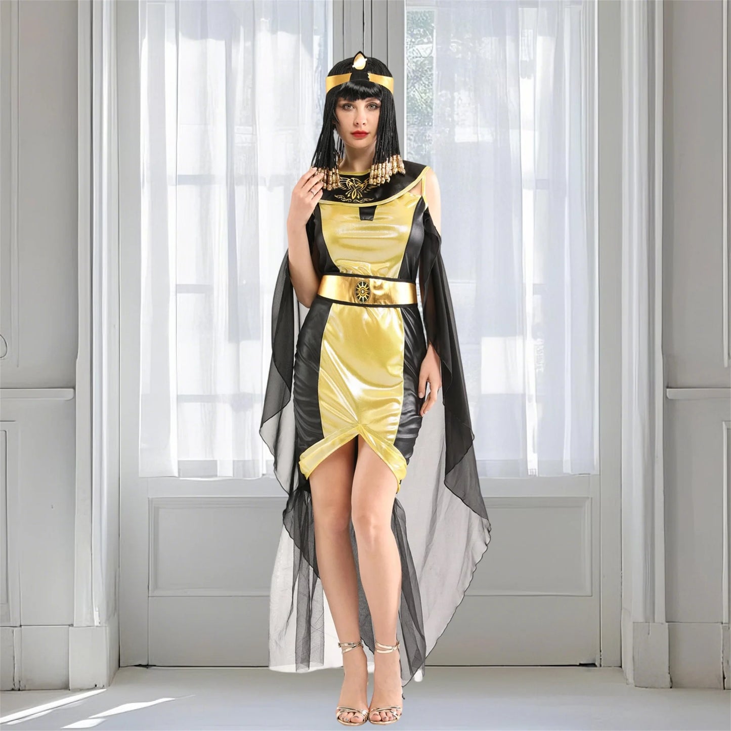Deluxe Cleopatra Costume Set with Dress Belt Headpiece and Collar - Perfect for Halloween Party or Cosplay Event