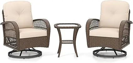 3 Pieces Wicker 360° Swivel Rocker Set Patio Furniture, Rocking Chairs with Cushions, Tempered Glass Coffee Table, Outdoor Ratt