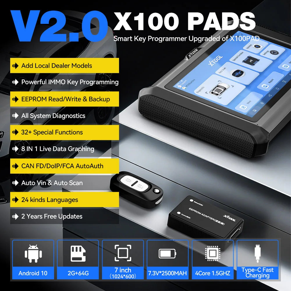 XTOOL X100 PADS V2.0 Key Programmer Automotive Scanner IMMO Read Write Chip All Key Lost OBD2 Diagnostic Tool With CANFD DOIP