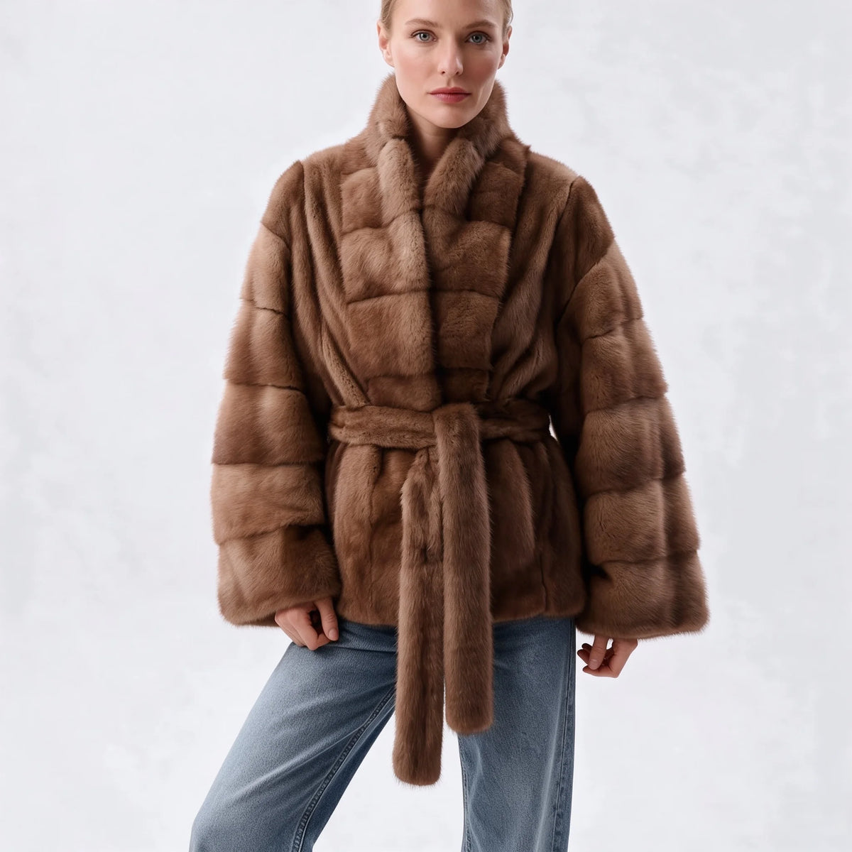 Women's Faux Mink Fur Jacket. Belted Short Winter Coat with Stand Collar