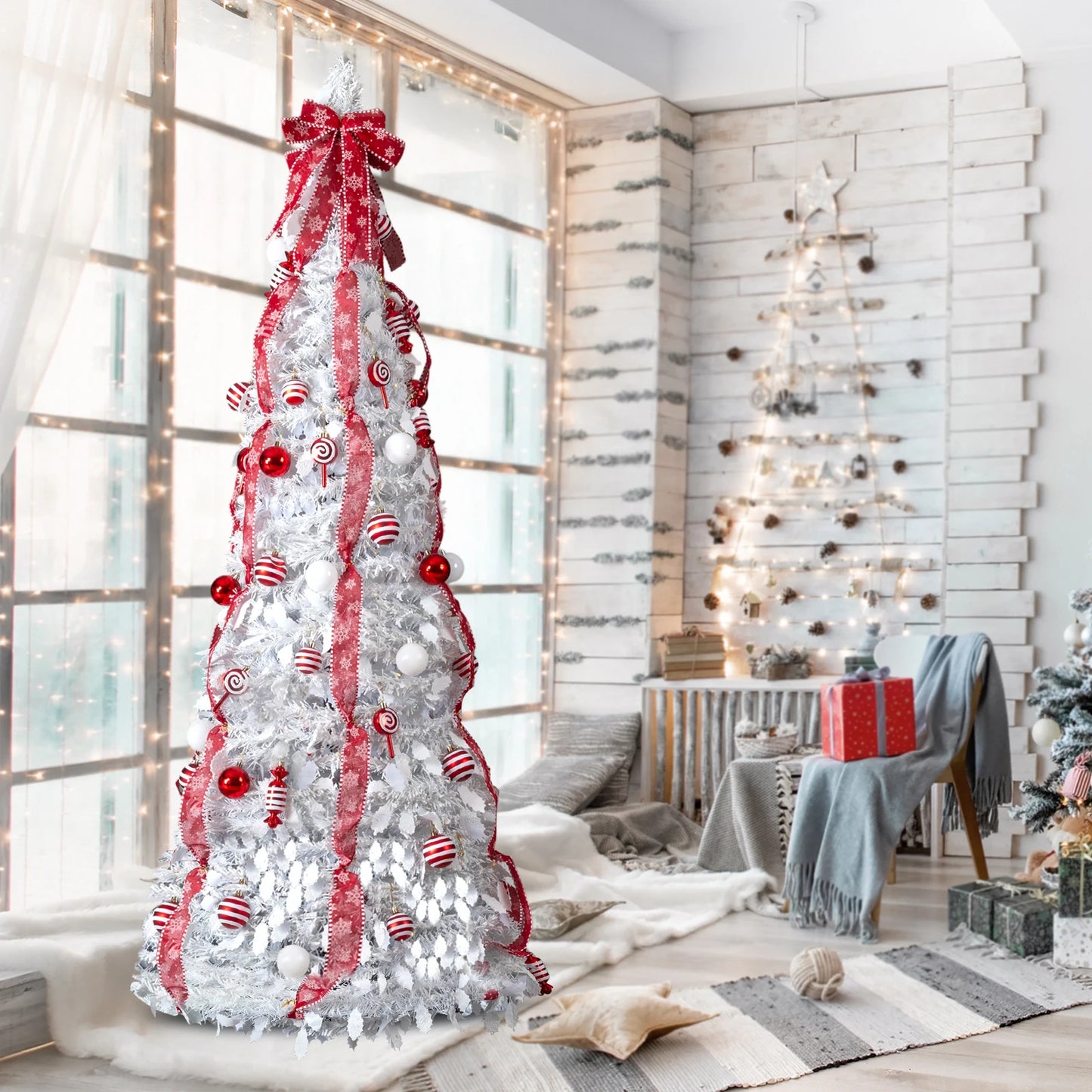 7 FT Fully Decorated Pre-lit Christmas Tree, Pop Up Artificial Xmas Tree with 170 Warm Lights and Red Ornaments for Home Office Store Holiday Deco, White