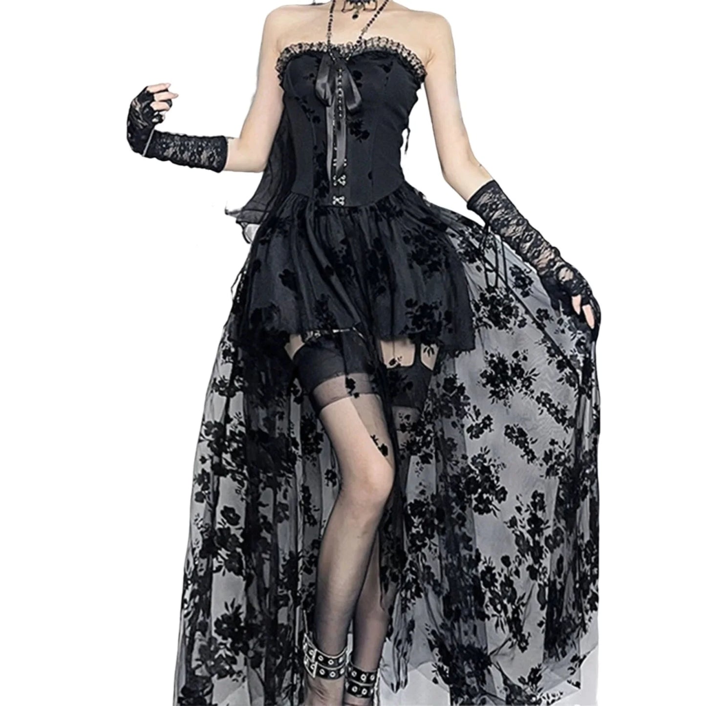 Black Lace Off Shoulder Maxi Dress for Women Vintage Victorian Gothic Embroidered Sleeveless A-Line Gown with Mesh Insets