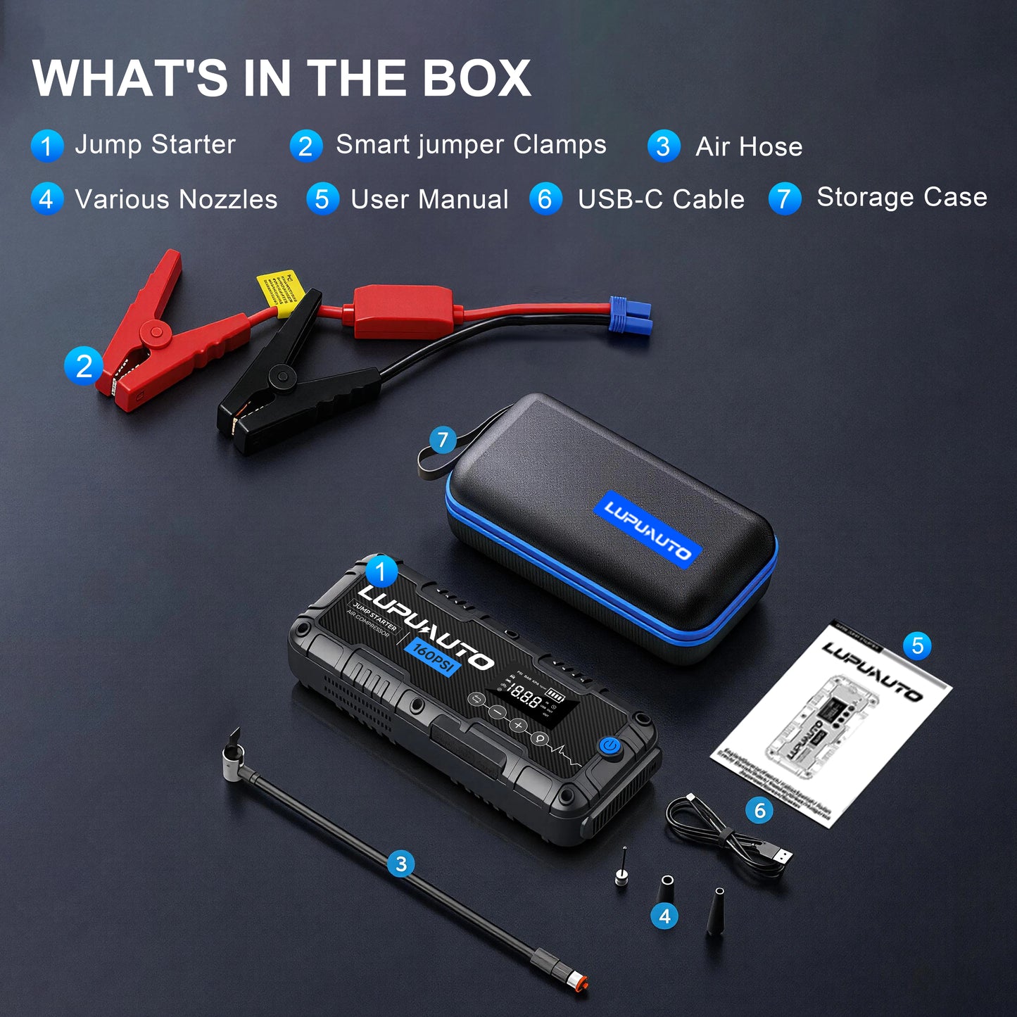 7000A Portable Car Jump Starter with Air Compressor | Battery Booster Pack | Digital Tire Inflator | Power Bank & LED Emergency Light