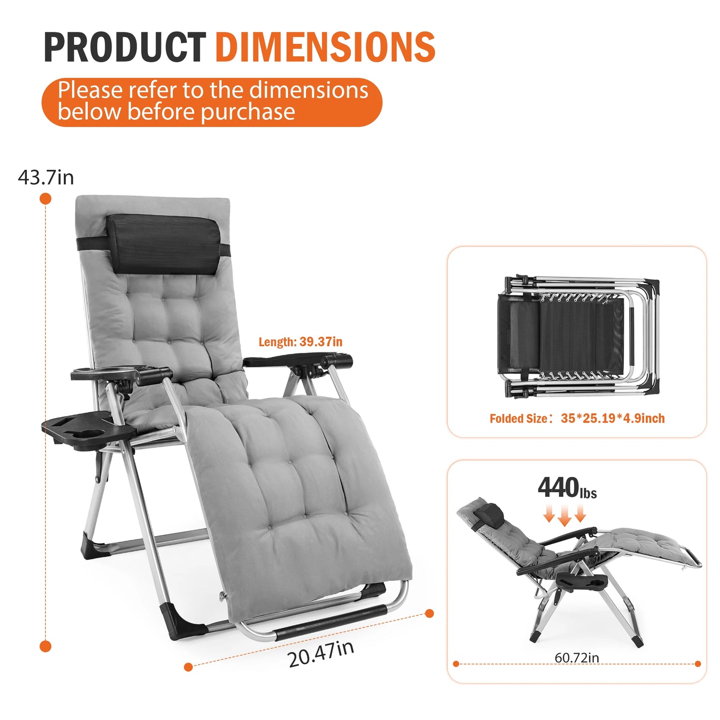 JHK Zero Gravity Reclining Lounge Chair – Foldable Outdoor Camping Chair with Soft Cushion & Adjustable Recline