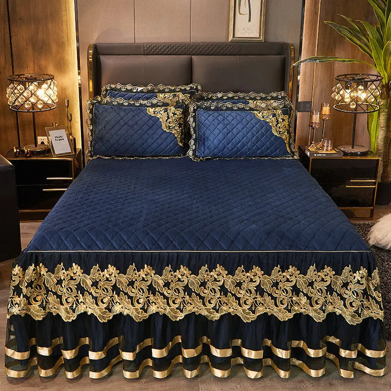 Luxury Gold Embroidered Velvet Quilted Bedspread Set