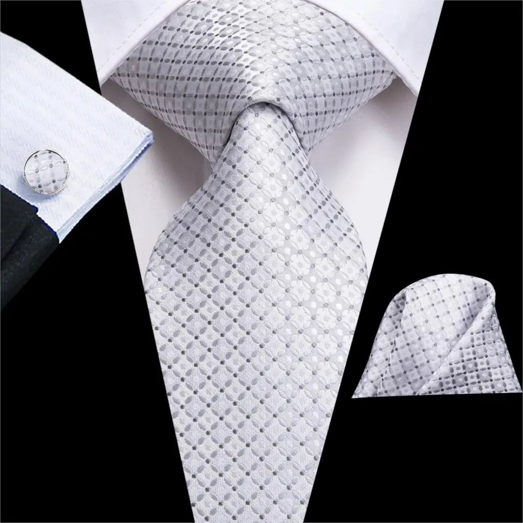 Hi-Tie Luxury Silver Men’s Necktie Set with Pocket Square & Cufflinks | Wedding, Business & Formal Events