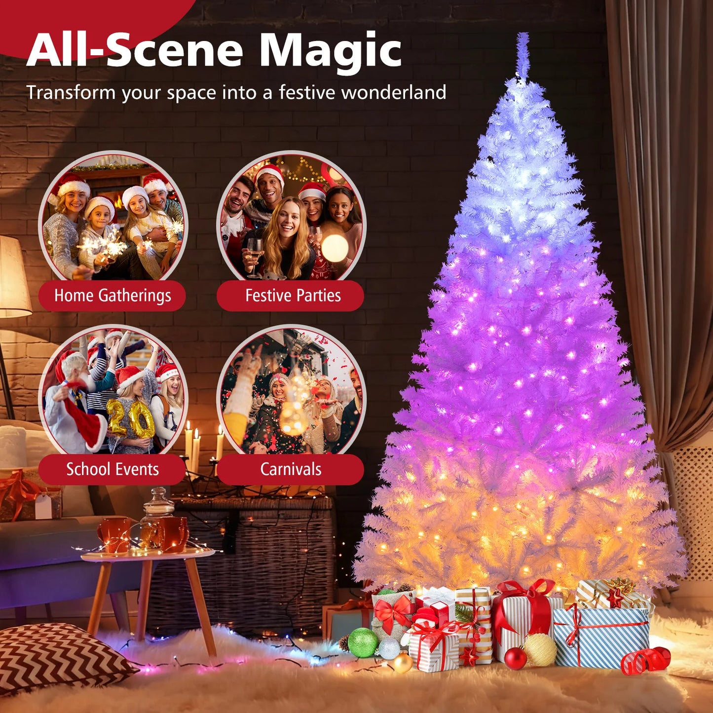 6FT–7.5FT Pre-Lit Artificial Christmas Tree  Color Changing LED Holiday Tree with Hinged Branches