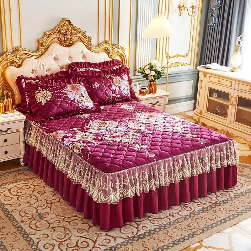 Luxury European Velvet Quilted Bed Skirt Set