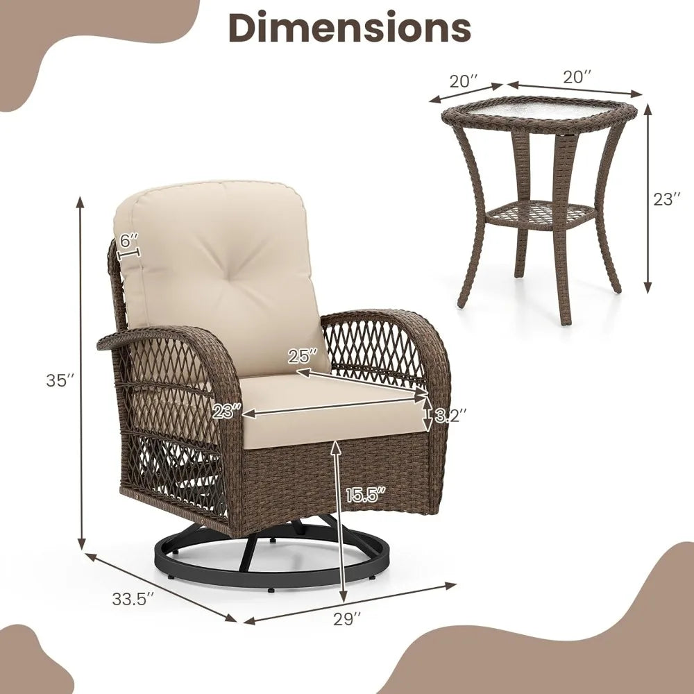 3 Pieces Wicker 360° Swivel Rocker Set Patio Furniture, Rocking Chairs with Cushions, Tempered Glass Coffee Table, Outdoor Ratt
