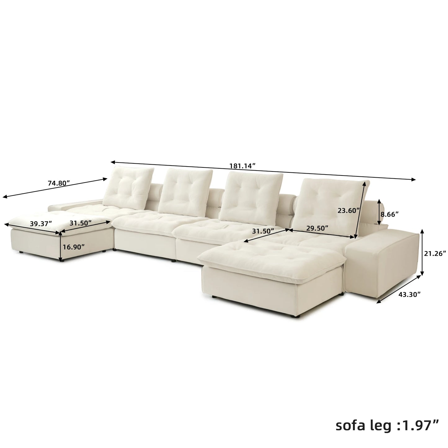 Modular Cloud Sectional Couch Oversized Down Filled Sofa Couches with Chaise Ottoman Adjustable Backrest Couch For Living Room