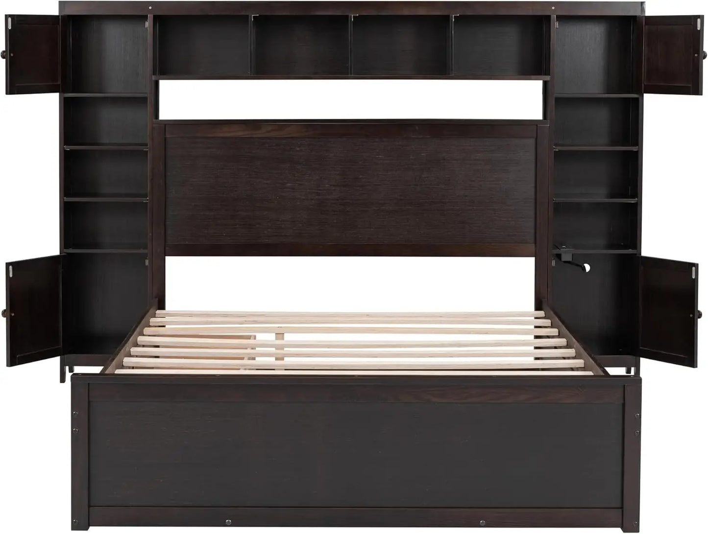 Storage Bed with Bookcase Headboard Platform Bed with Trundle and 2 Storage Drawers Solid Wood Bed Frame with Cabinet and Shelf