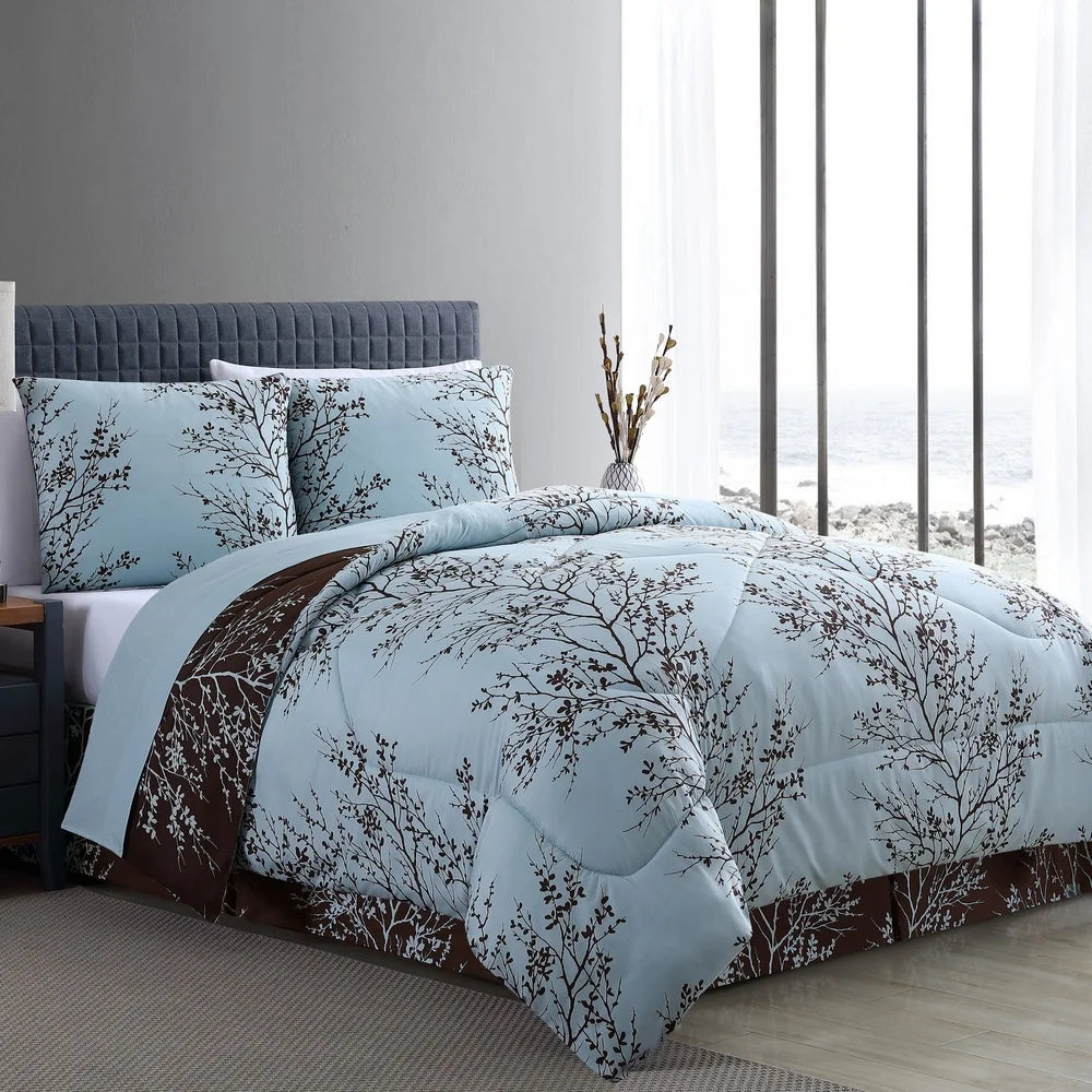 Luxury 7 Piece Blue Floral Comforter Set Stylish Bedding