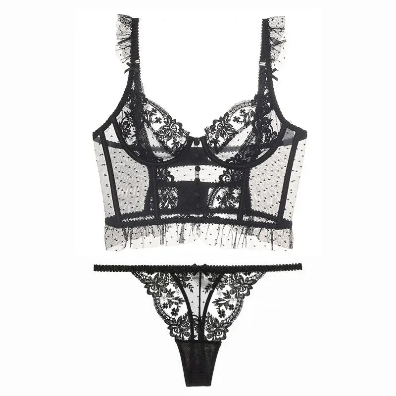Women's Floral Lace Babydoll Lingerie Set. Sheer Nightdress with Matching Panties