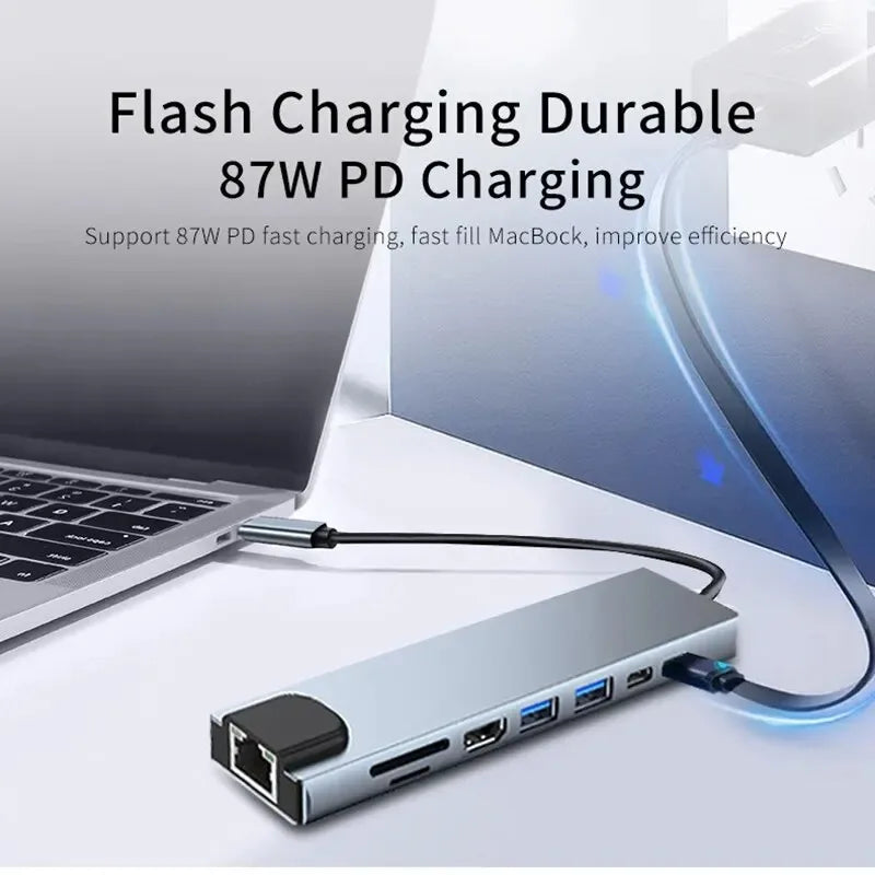 8-in-1 USB-C Hub Adapter with 4K HDMI, RJ45 Ethernet, SD/TF Card Reader & Fast Charging