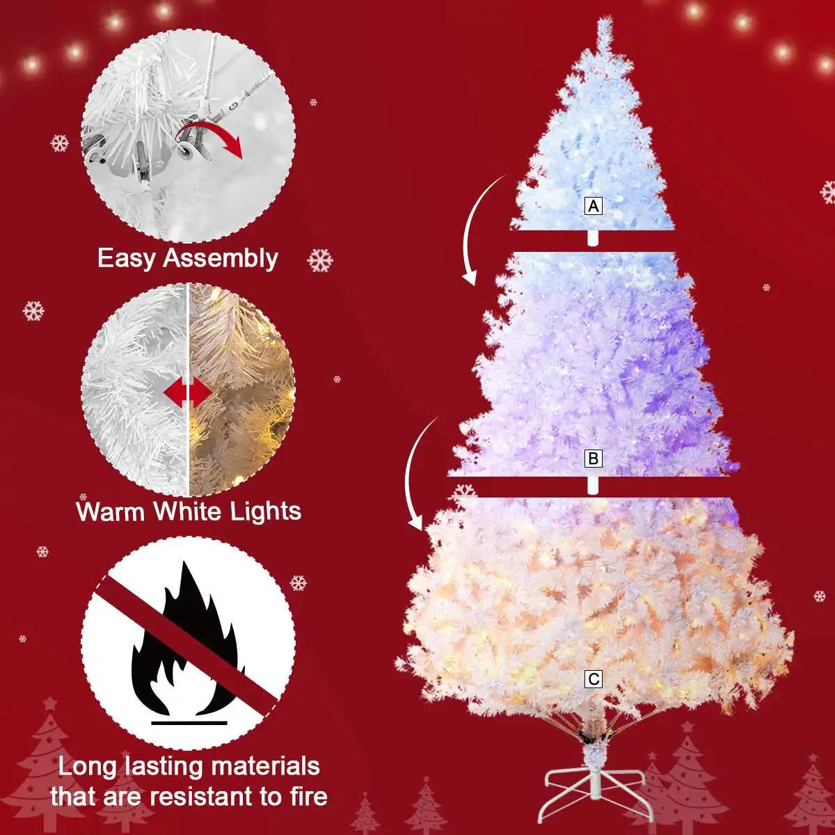 White Christmas Tree 7.5ft 1450 Branches 8 Flashing Modes