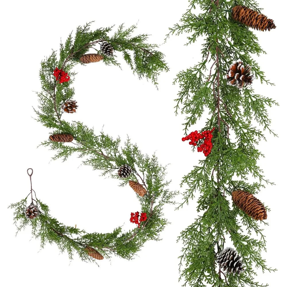 Christmas Garland With Red Berries Pine Cones Indoor Cedar