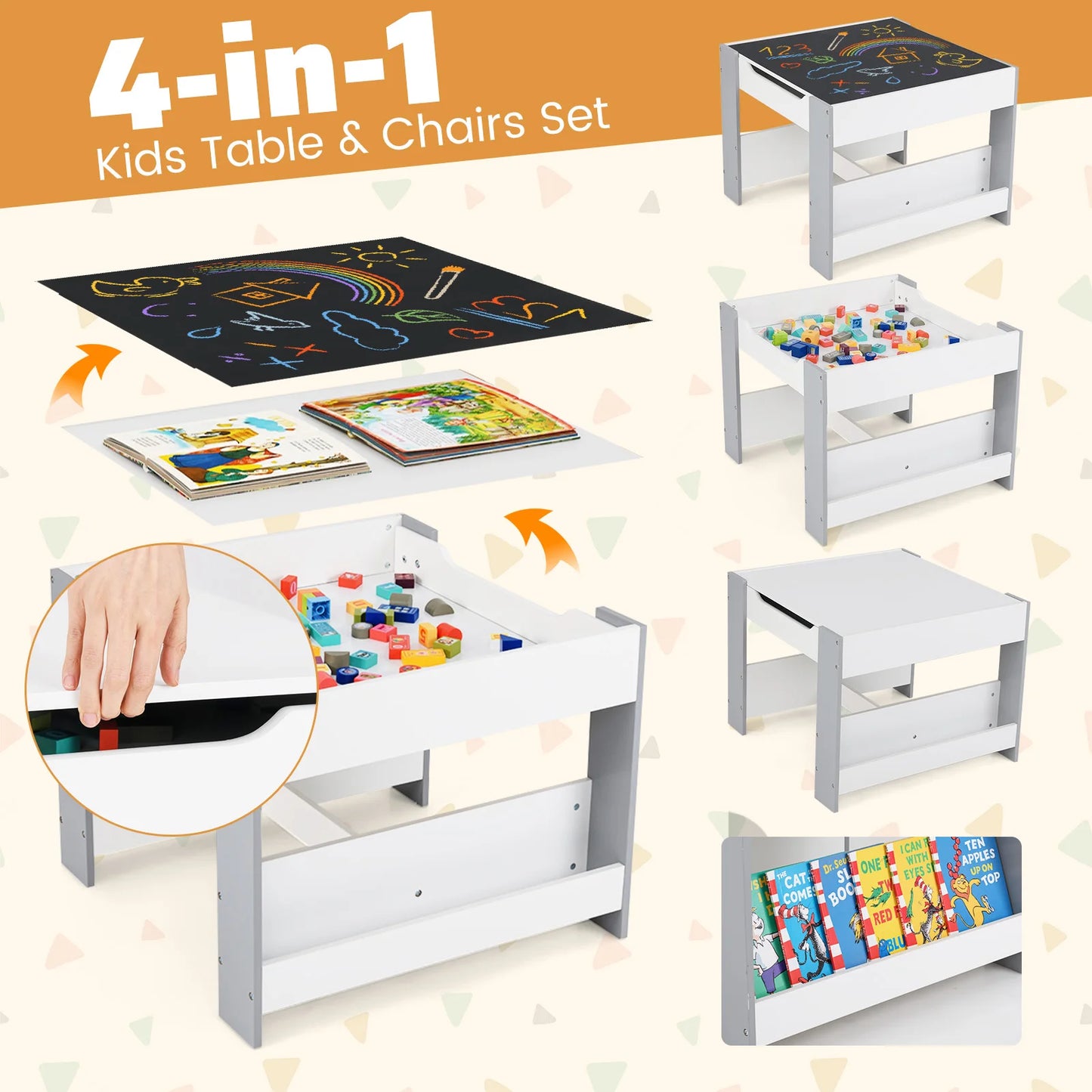 4-in-1 Kids Activity Table & Chair Set with Bookshelves and Storage Bins