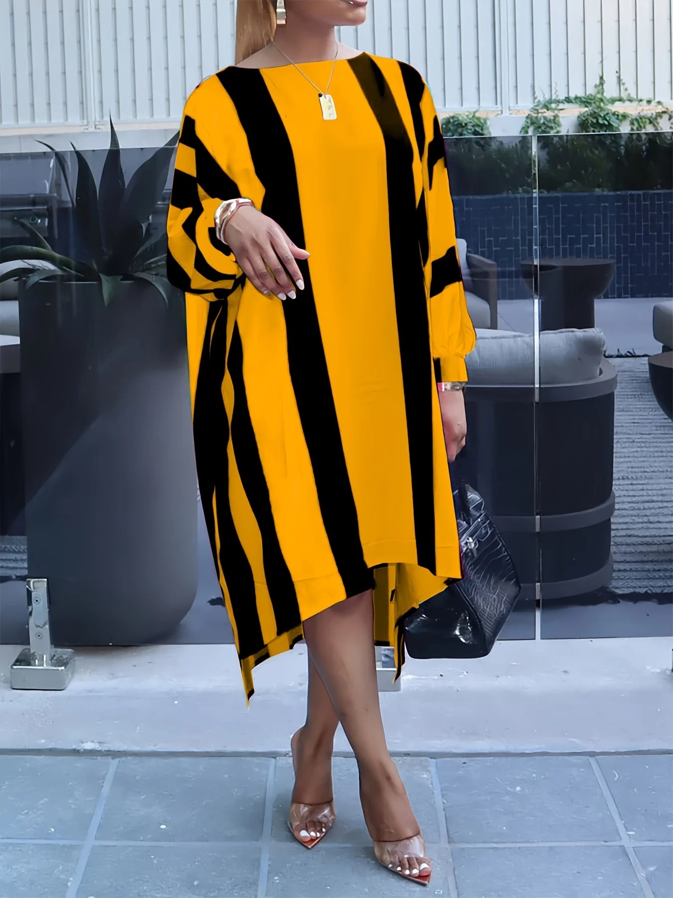 European and American fashion casual large size vertical striped contrast dress - spring and summer