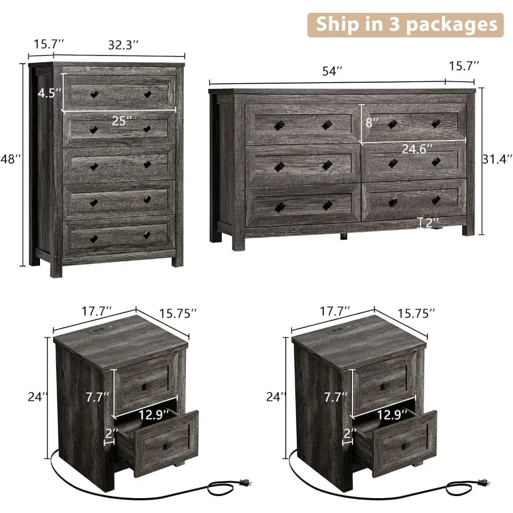 4 Pieces Farmhouse Bedroom Furniture Set, 1 X 5 Drawer Dresser, 1 X Rustic 6 Drawer Storage Dresser, Nightstand Set of 2 with Ch