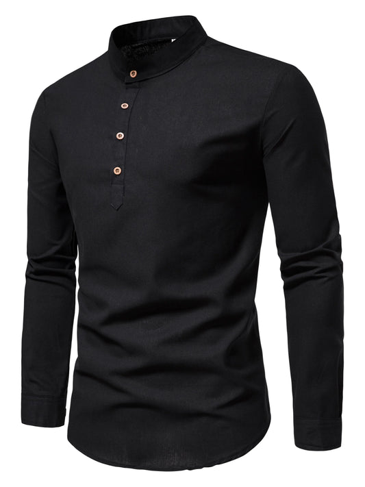 Men’s Elegant Long Sleeve Cotton Henley Shirt . Casual Slim Fit Pullover