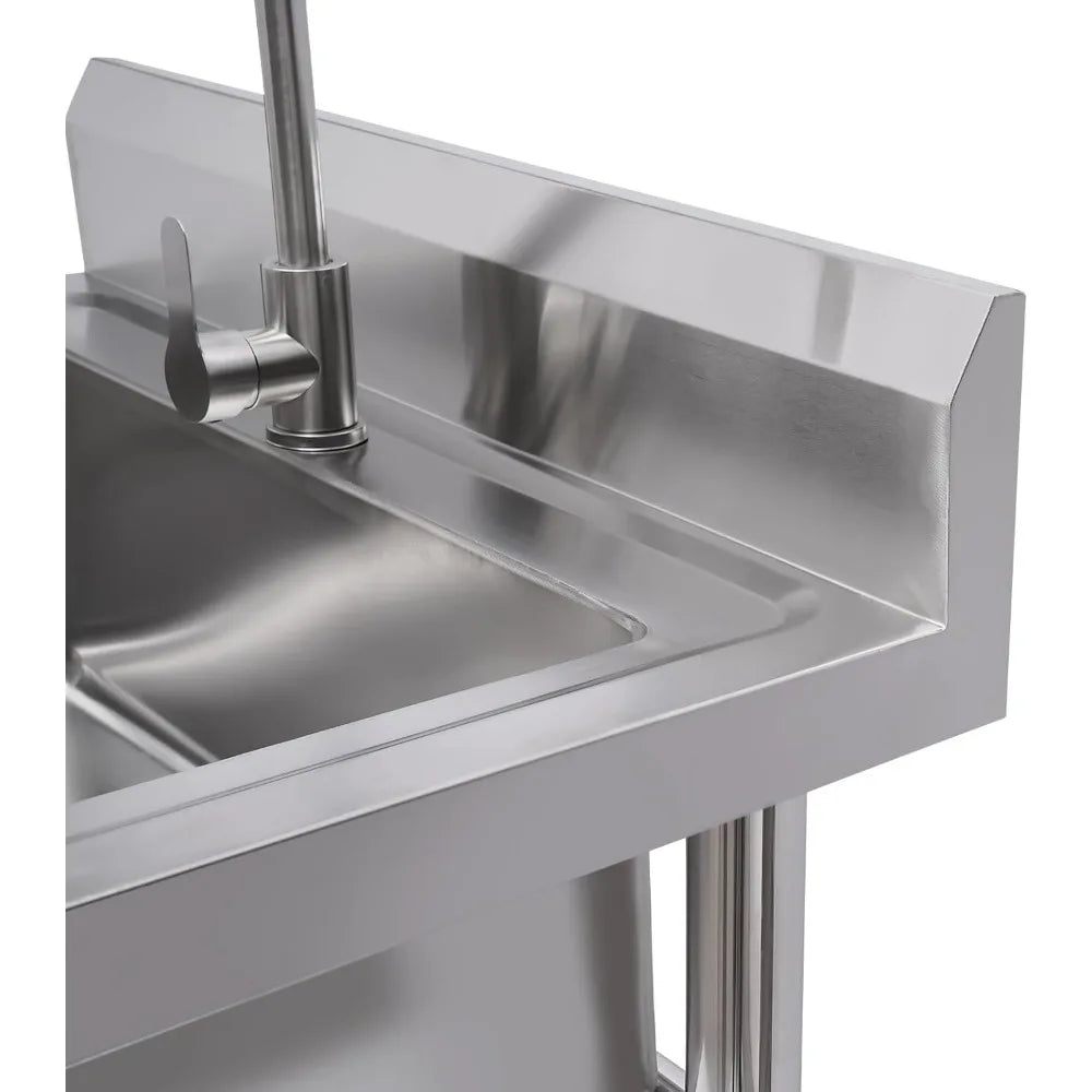 Commercial Kitchen Sink, Single Bowl Stainless Steel Kitchen Catering Sink with Faucet & Drainboard for Restaurant, Kitchen, Gar