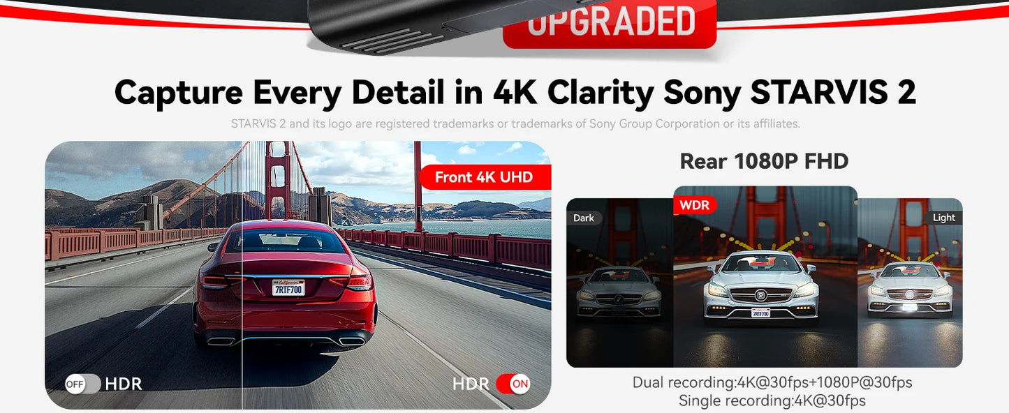 REDTIGER F7N ELITE STARVIS 2 Sensor 4K HDR Dash Cam Front and Rear 5.8GHz WiFi APP car camera WDR car dvr for 24H Parking Mode(