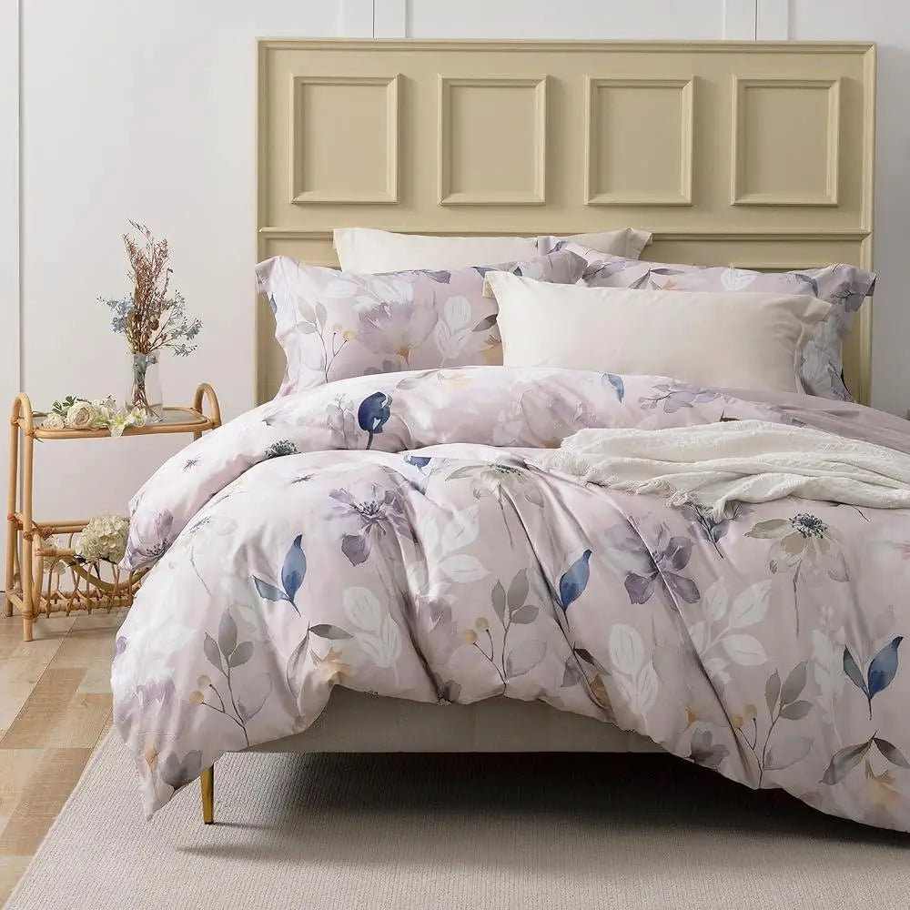 100% Long Staple Cotton Duvet Cover Set Floral Leaf Pattern Ultra Soft Breathable Comforter Cover Hidden Zipper Closure Corner