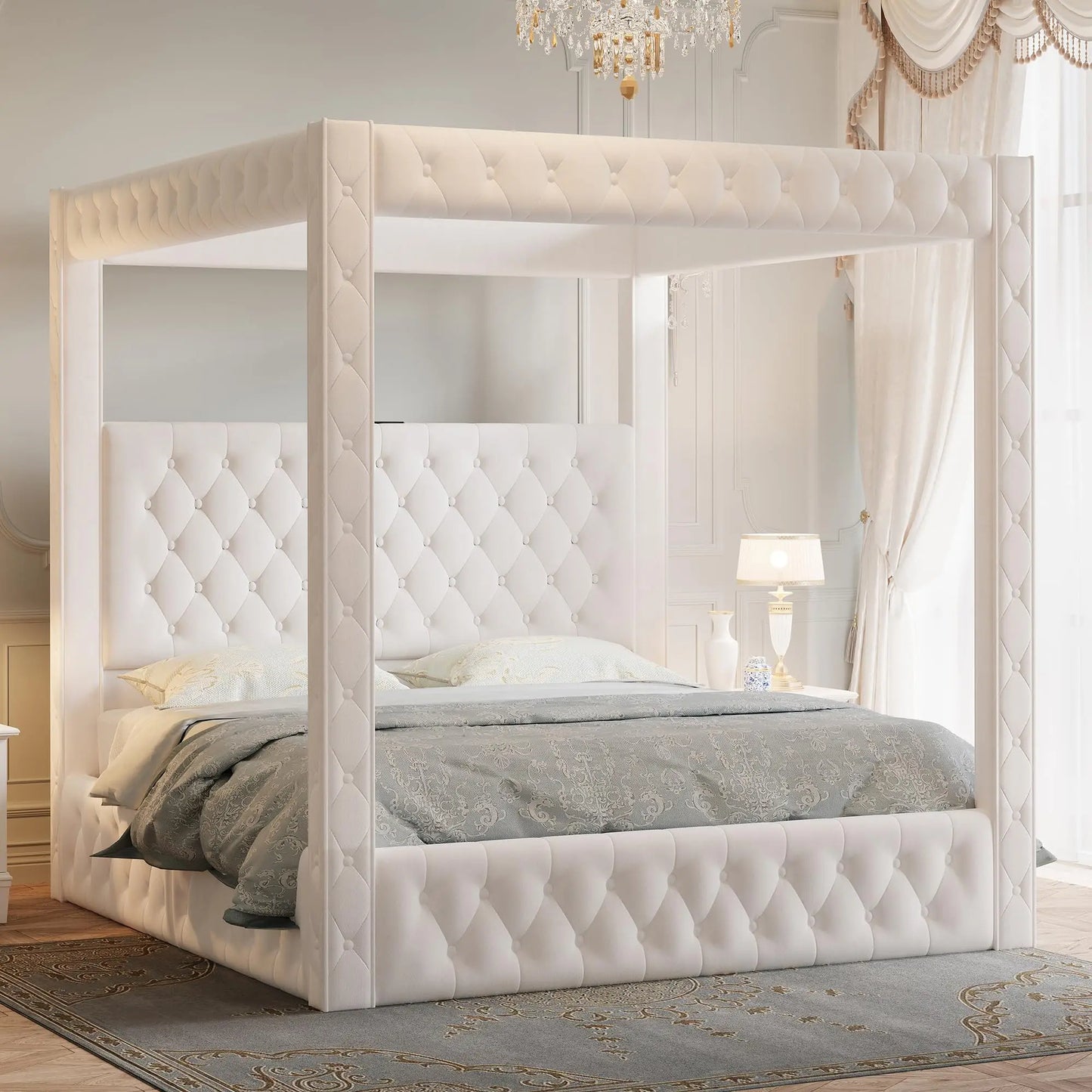 Velvet Upholstered Canopy Bed Frame with Padded Headboard
